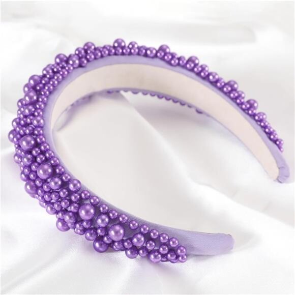 Padded Pearl Headband Thick Beaded Headbands for Women B-Purple - Picture 5 of 6